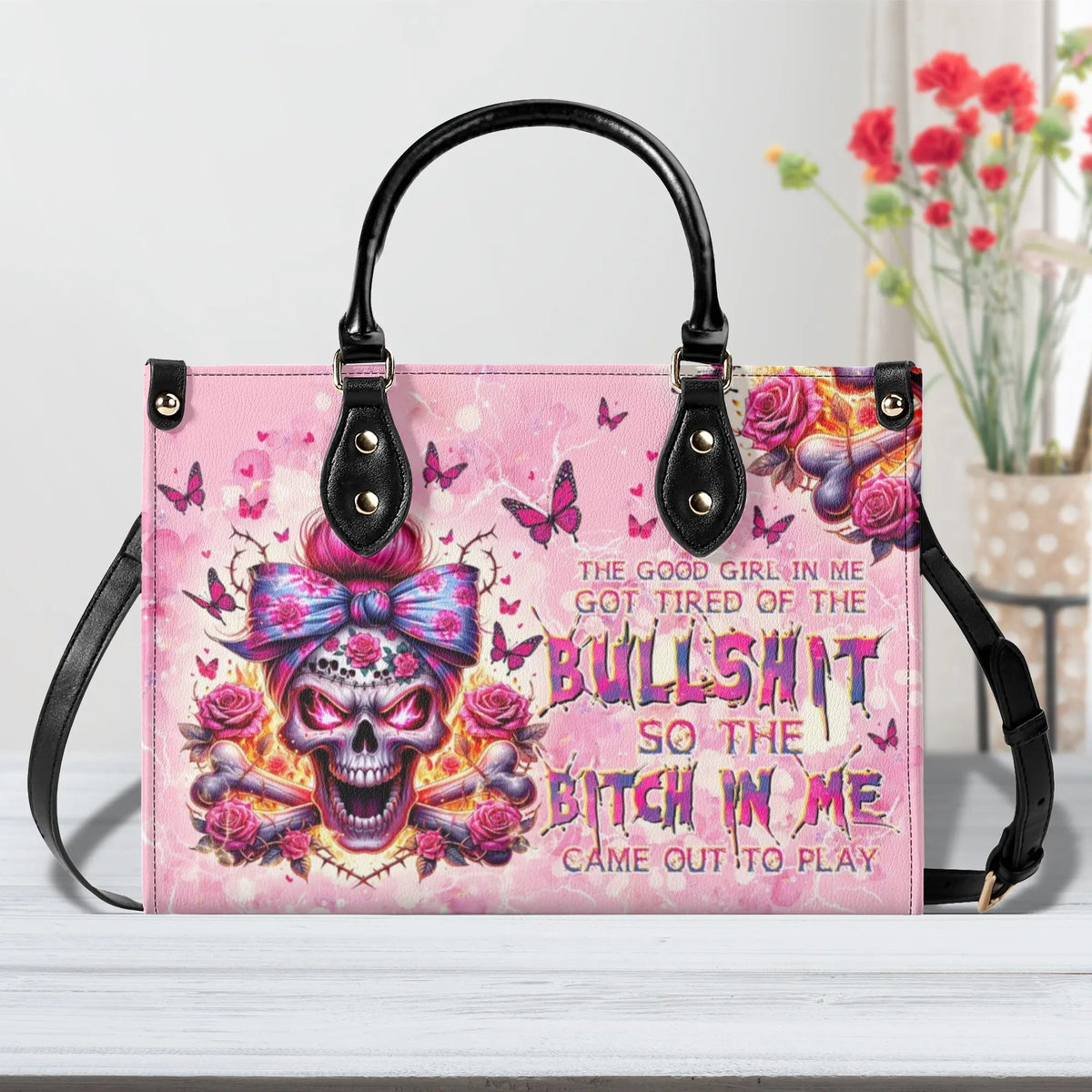 BLISSCORNERS THE GOOD GIRL IN ME MESSY BUN SKULL LEATHER HANDBAG