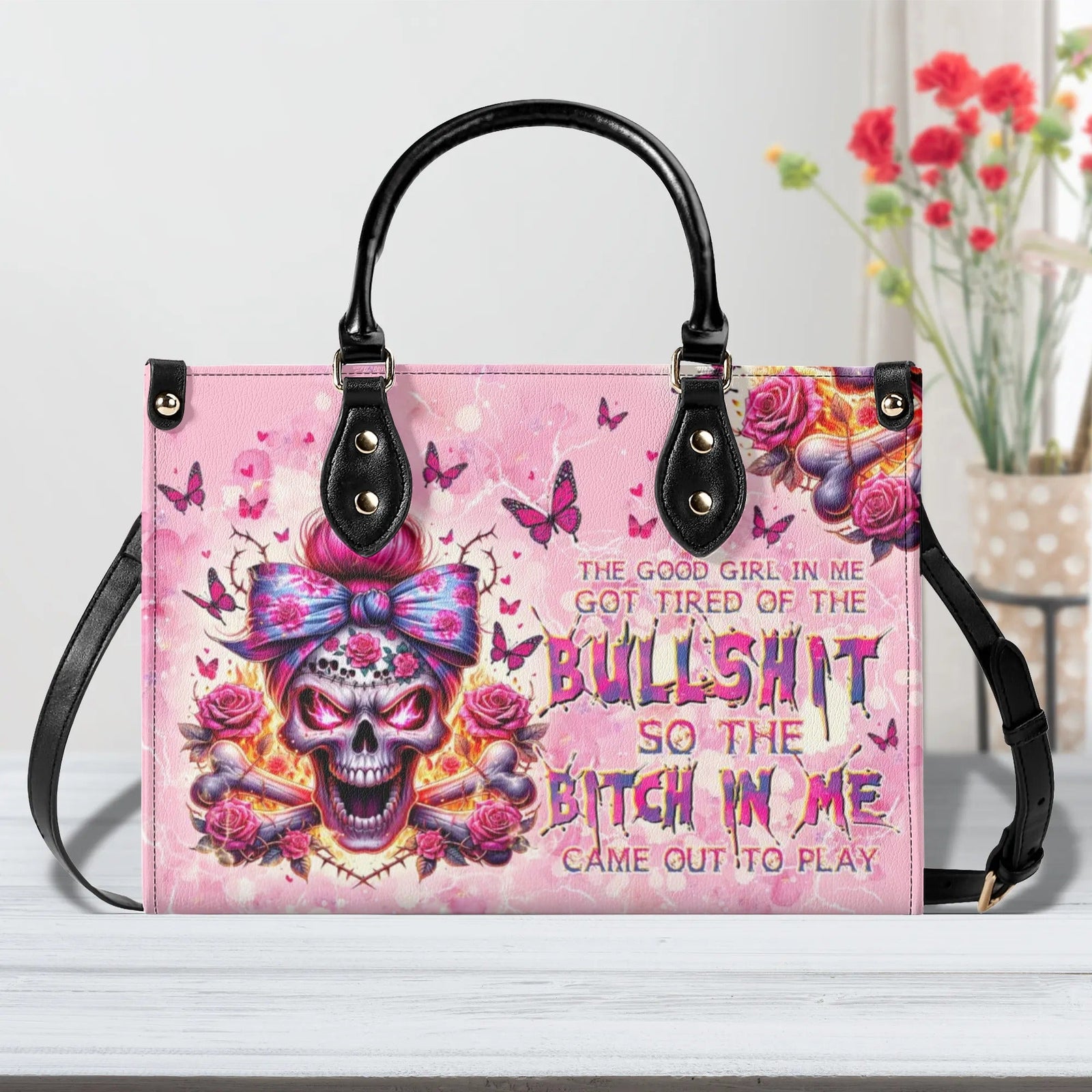 BLISSCORNERS THE GOOD GIRL IN ME MESSY BUN SKULL LEATHER HANDBAG