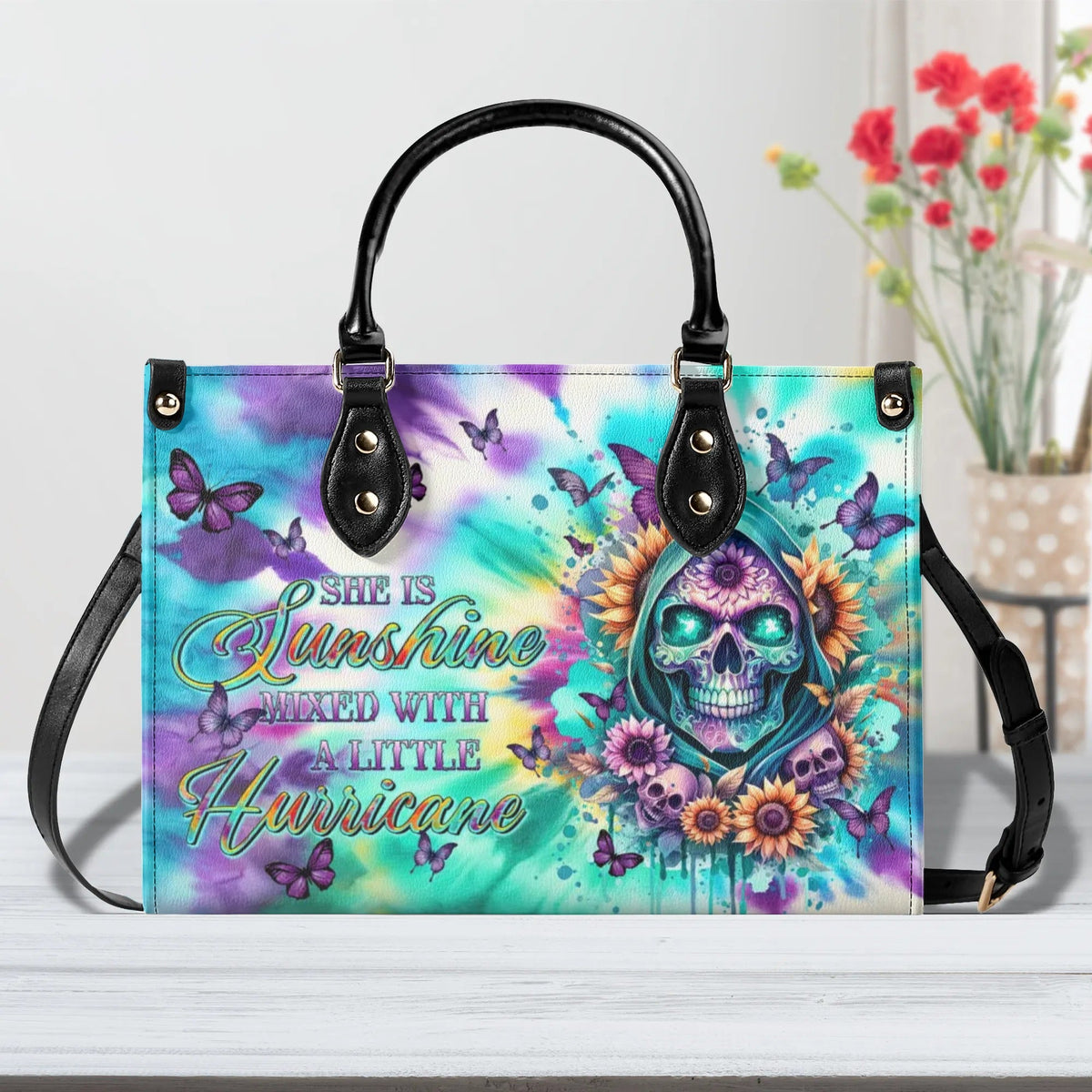 BLISSCORNERS SHE IS SUNSHINE REAPER SUNFLOWER TIE DYE LEATHER HANDBAG
