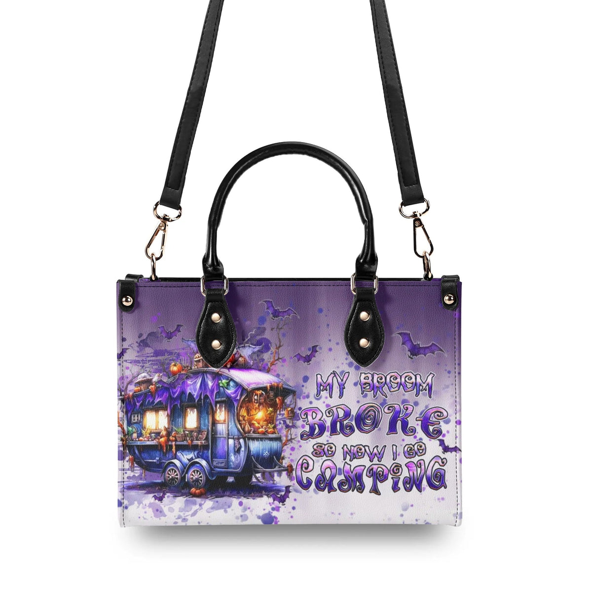 BLISSCORNERS MY BROOM BROKE CAMPING HALLOWEEN LEATHER HANDBAG