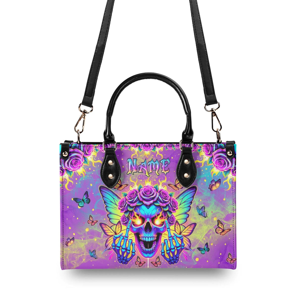 BLISSCORNERS SKULL BUTTERFLY ART LEATHER HANDBAG