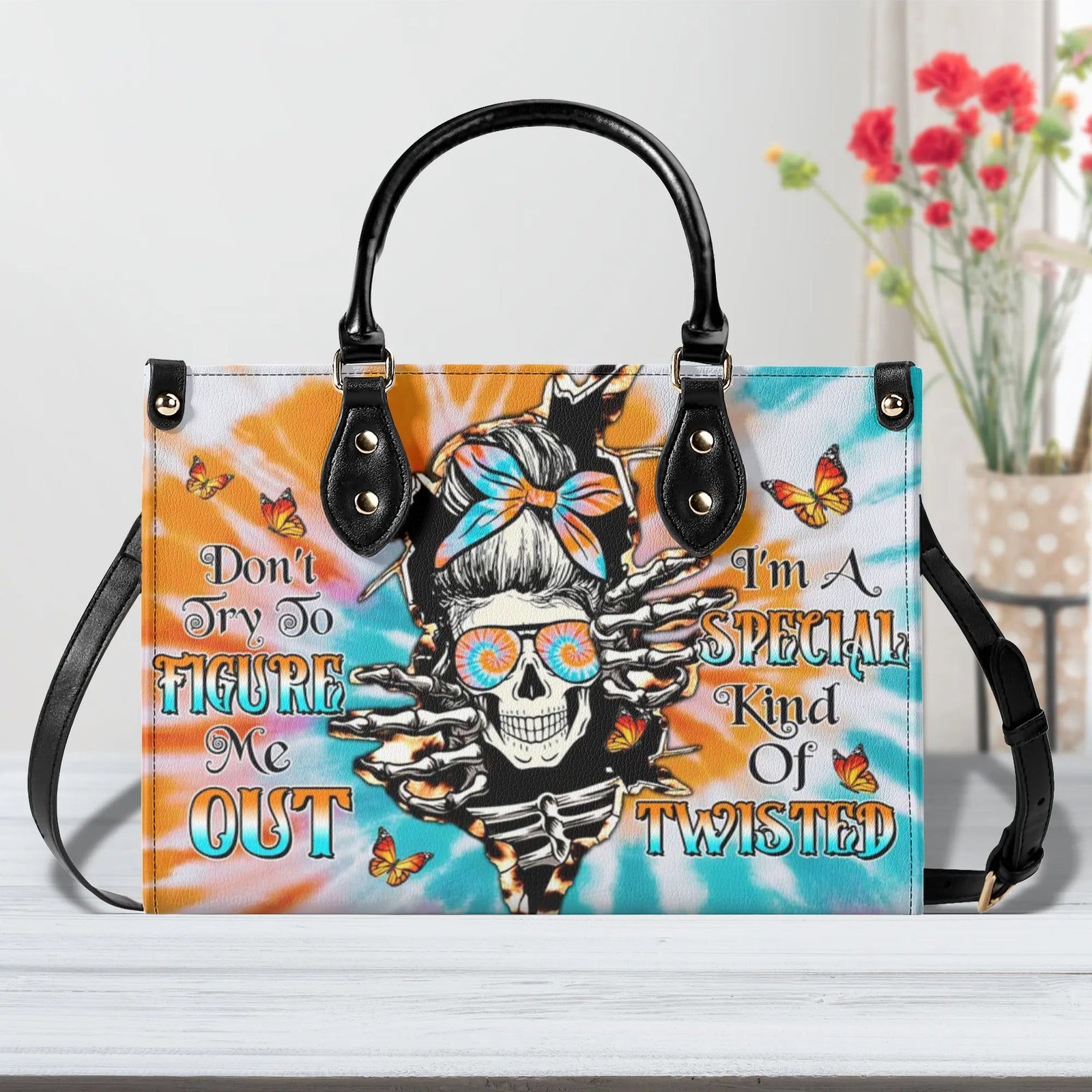 BLISSCORNERS DON'T TRY TO FIGURE ME OUT TIE DYE MESSY BUN LEATHER HANDBAG