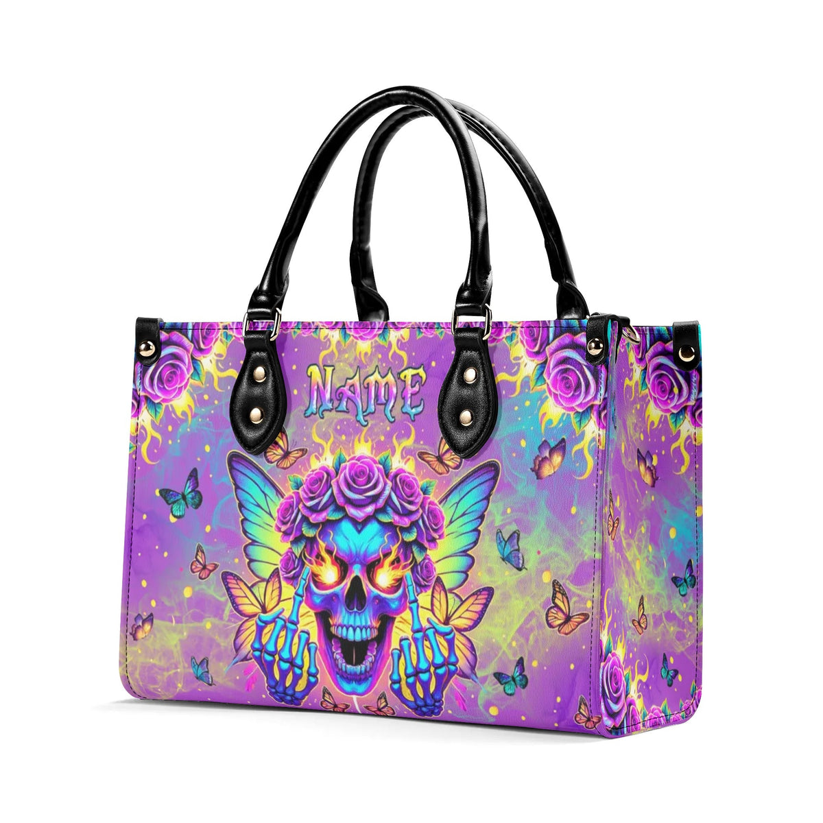 BLISSCORNERS SKULL BUTTERFLY ART LEATHER HANDBAG