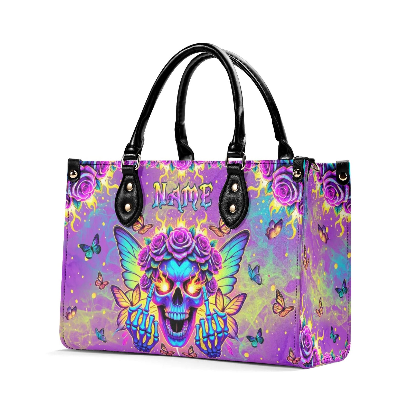 BLISSCORNERS SKULL BUTTERFLY ART LEATHER HANDBAG
