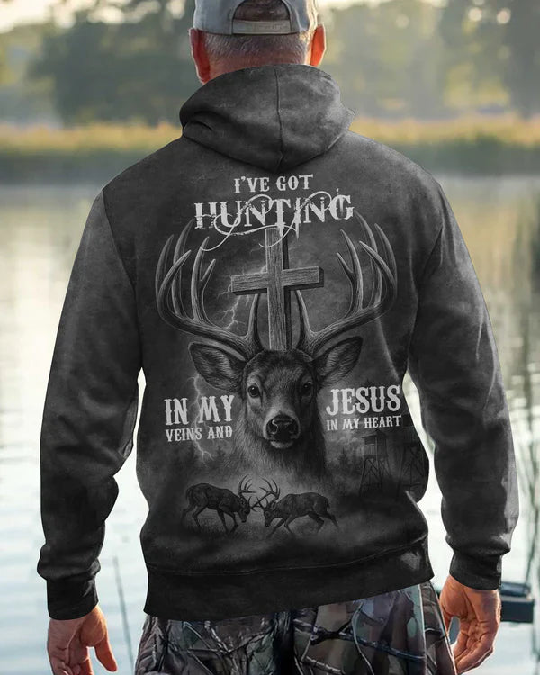 Blisscorners I've Got Hunting In My Veins And Jesus In My Heart Black Shirt, Personalized Hunting 3D Shirt
