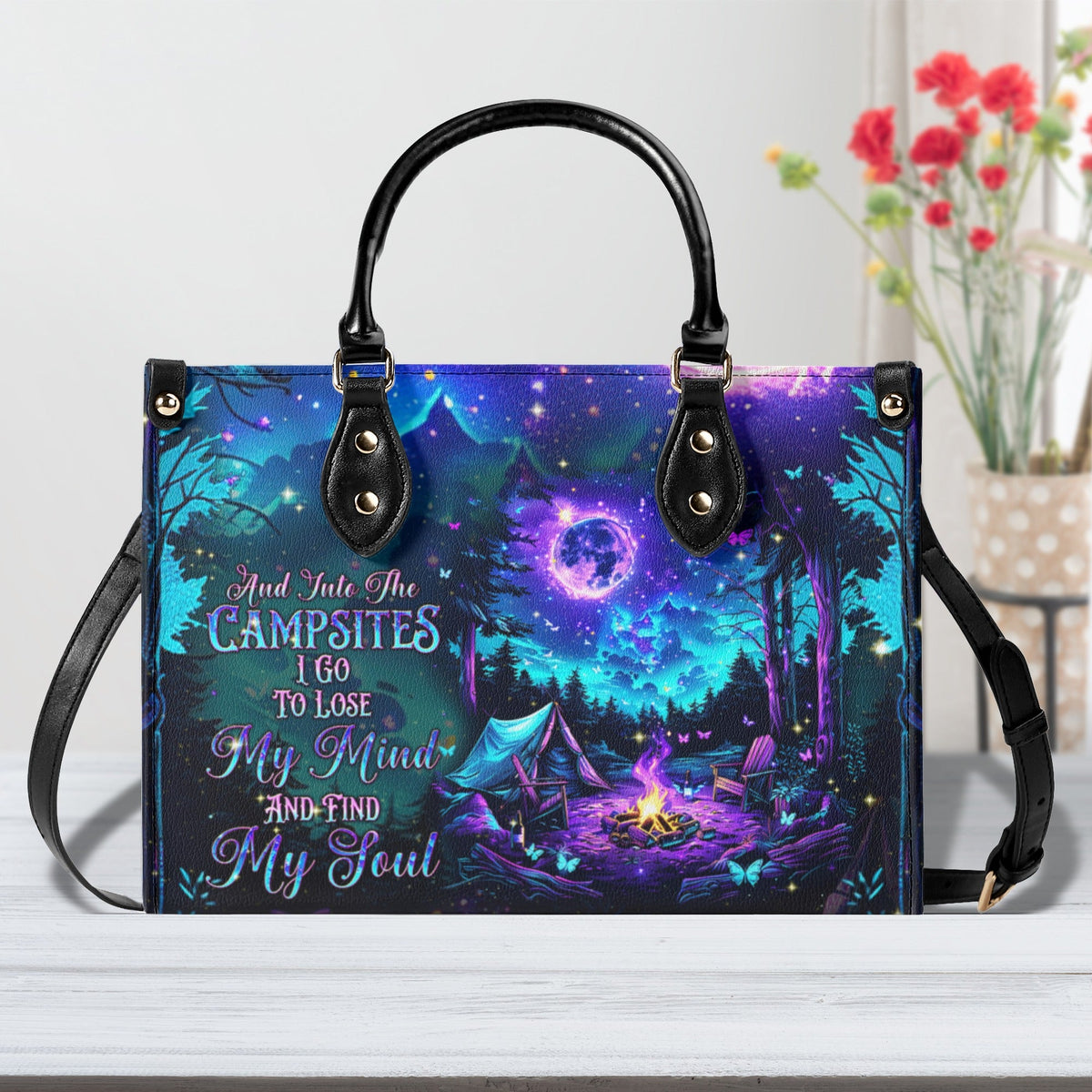 BLISSCORNERS AND INTO THE CAMPSITES I GO  LEATHER HANDBAG