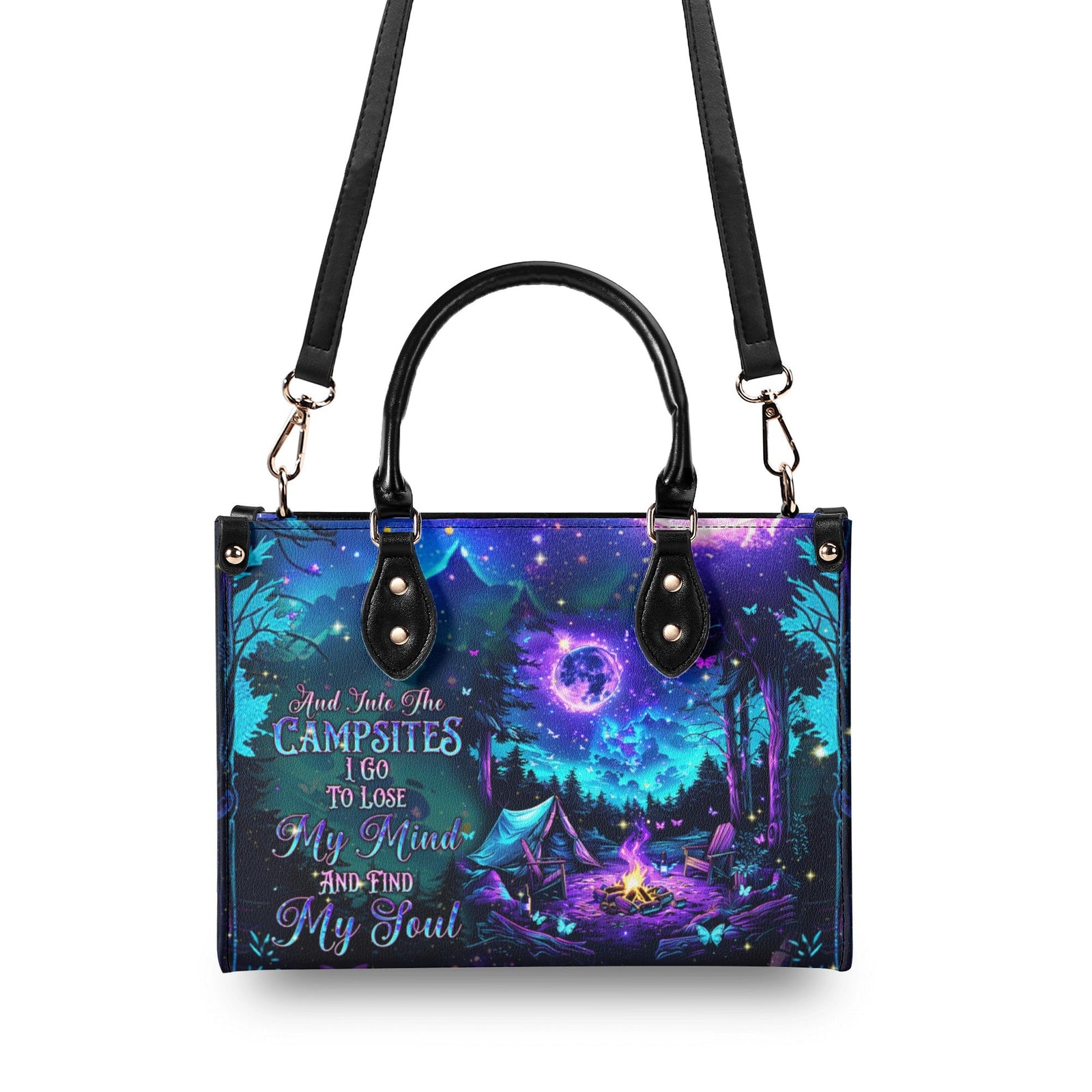 BLISSCORNERS AND INTO THE CAMPSITES I GO  LEATHER HANDBAG