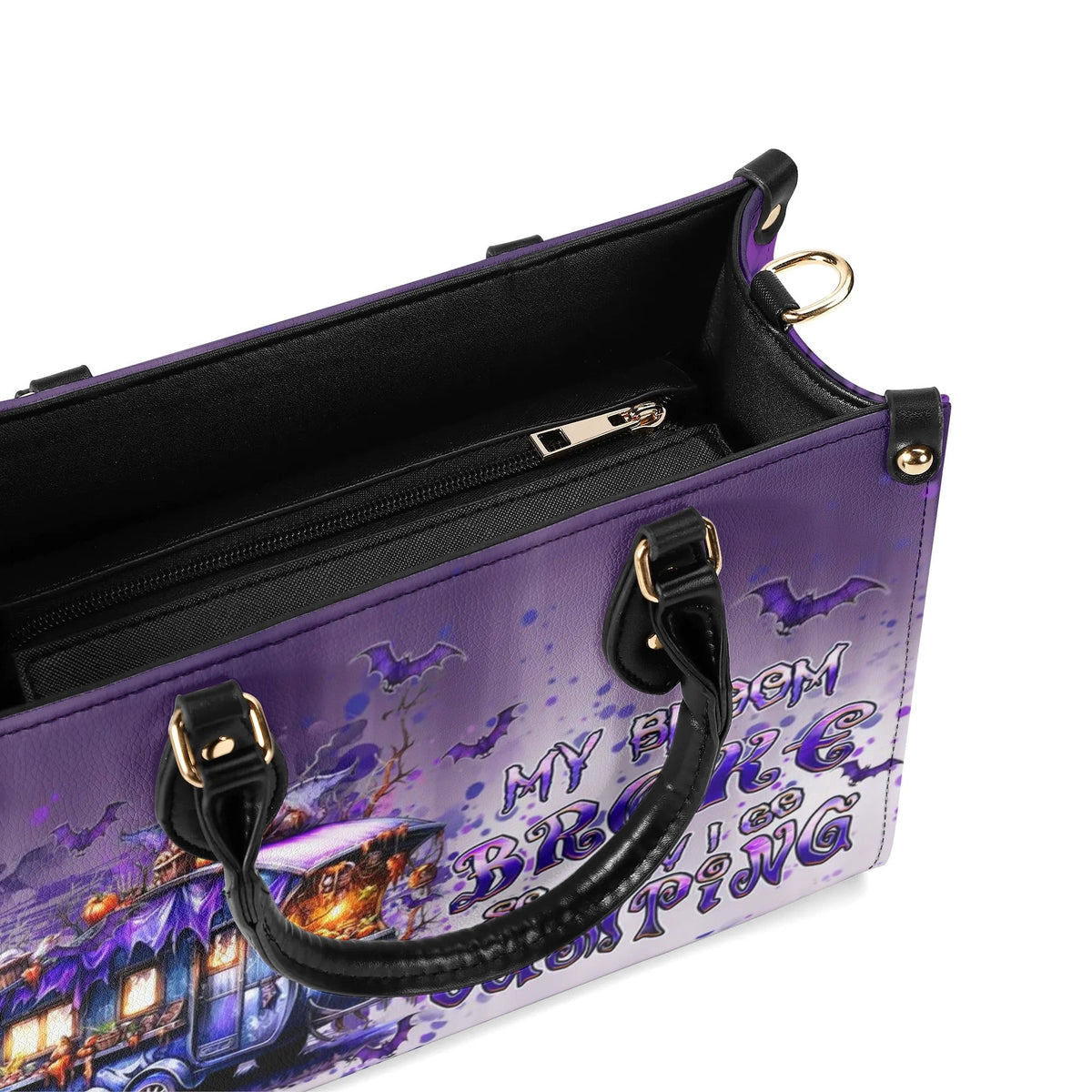 BLISSCORNERS MY BROOM BROKE CAMPING HALLOWEEN LEATHER HANDBAG