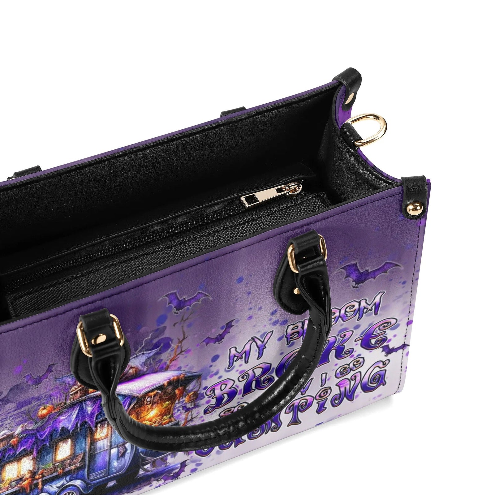 BLISSCORNERS MY BROOM BROKE CAMPING HALLOWEEN LEATHER HANDBAG