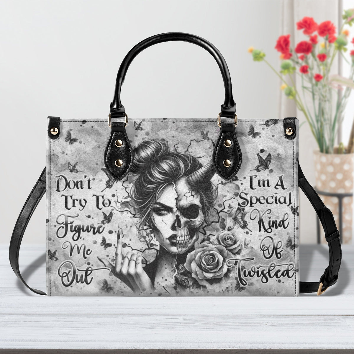 BLISSCORNERS DON'T TRY TO FIGURE ME OUT SKULL LADY LEATHER HANDBAG
