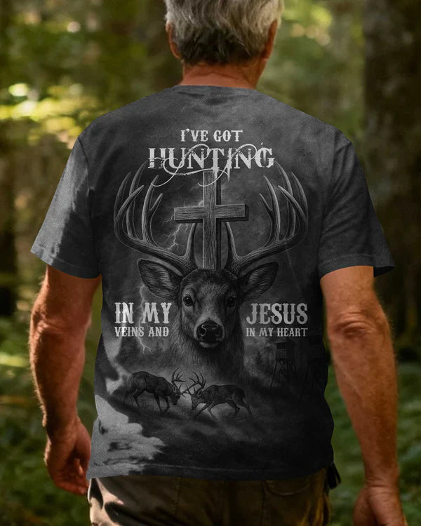 Blisscorners I've Got Hunting In My Veins And Jesus In My Heart Black Shirt, Personalized Hunting 3D Shirt
