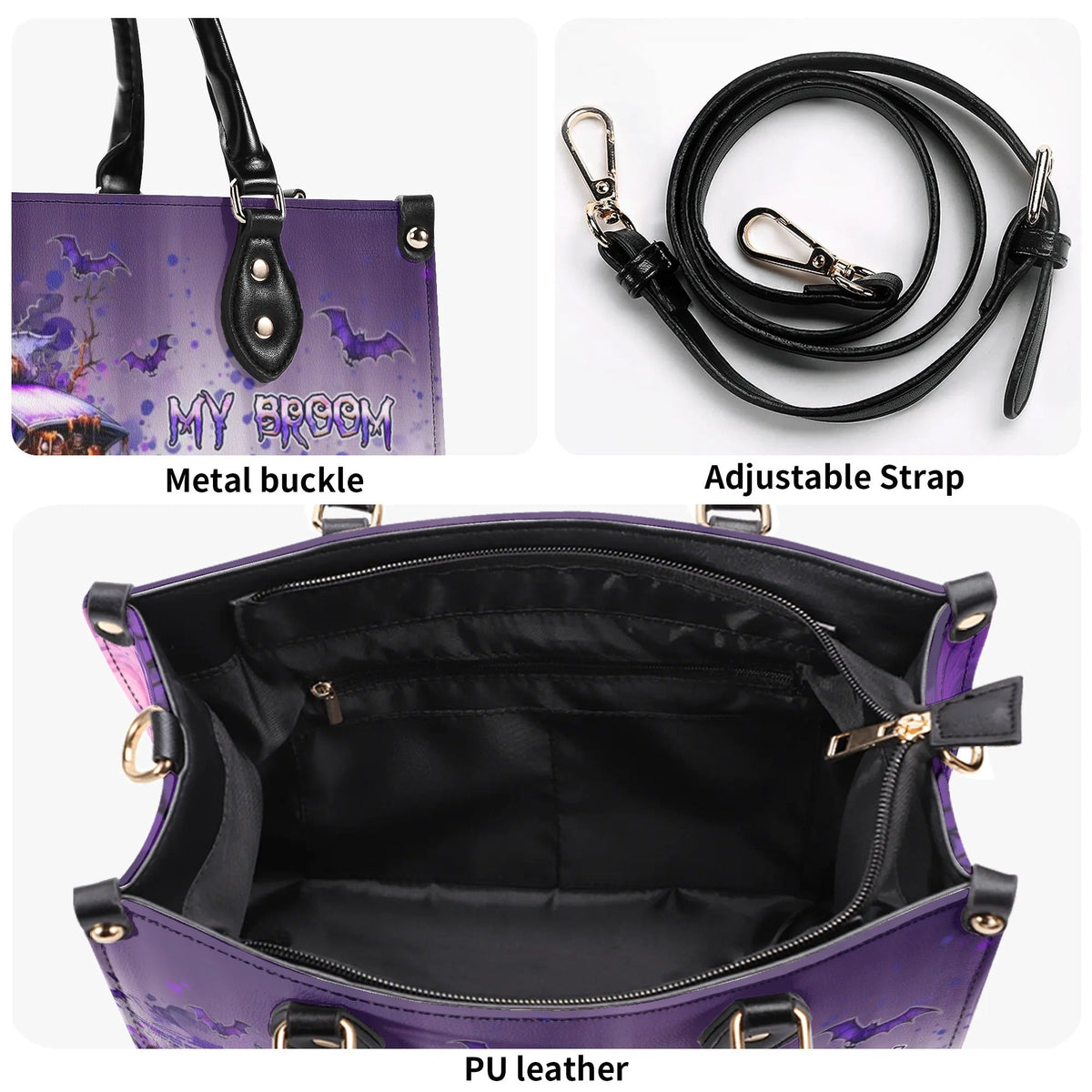 BLISSCORNERS MY BROOM BROKE CAMPING HALLOWEEN LEATHER HANDBAG