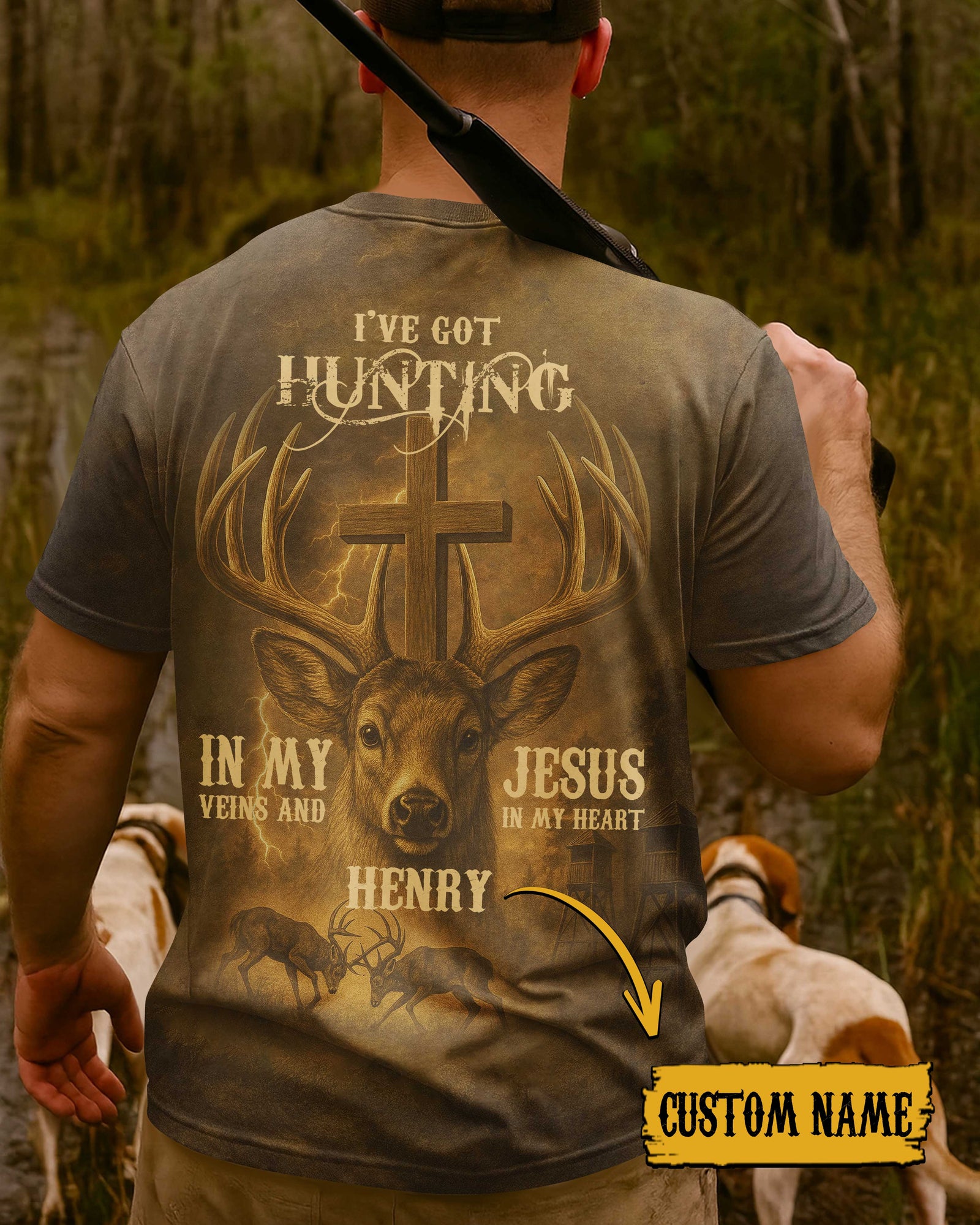 Blisscorners I've Got Hunting In My Veins And Jesus In My Heart Custom Name Shirt, Personalized Hunting 3D Shirt