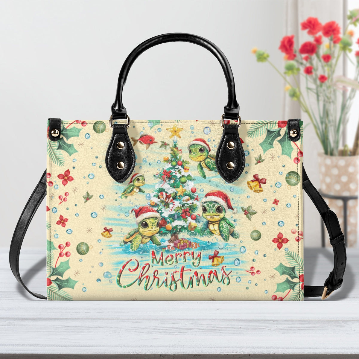 BLISSCORNERS MERRY CHRISTMAS TURTLE LEATHER HANDBAG