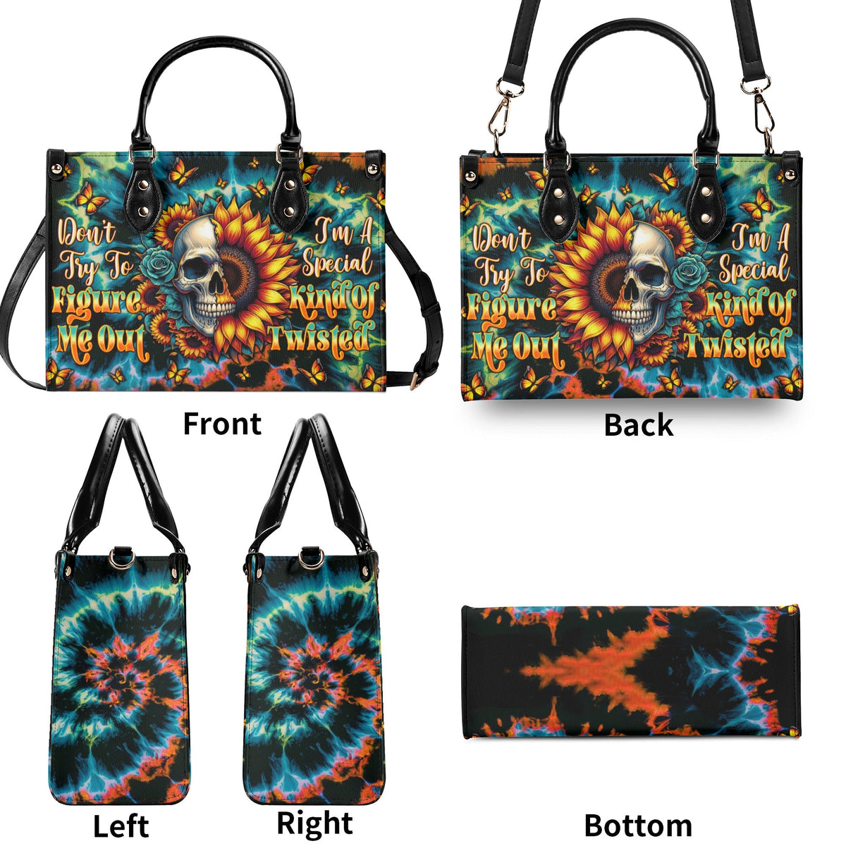 BLISSCORNERS DON'T TRY TO FIGURE ME OUT SKULL SUNFLOWER LEATHER HANDBAG