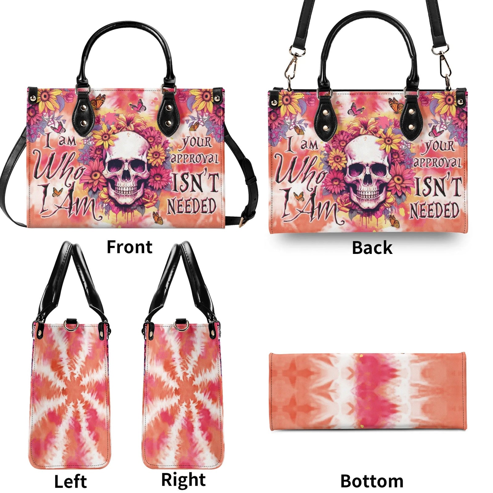 BLISSCORNERS I AM WHO I AM FLORAL SKULL TIE DYE LEATHER HANDBAG
