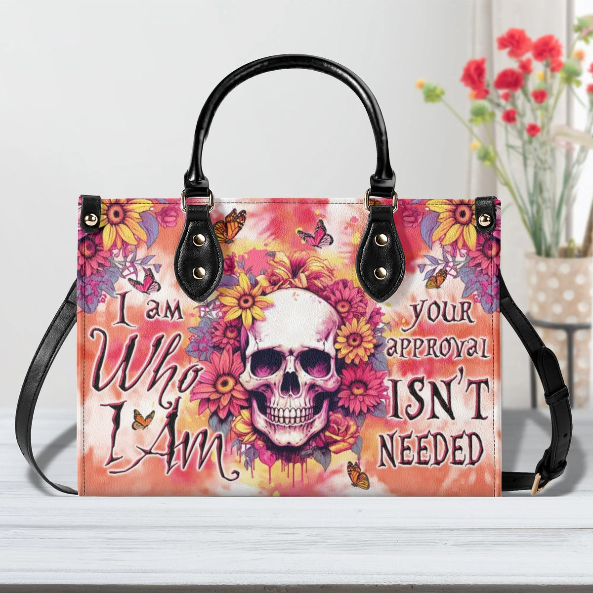 BLISSCORNERS I AM WHO I AM FLORAL SKULL TIE DYE LEATHER HANDBAG