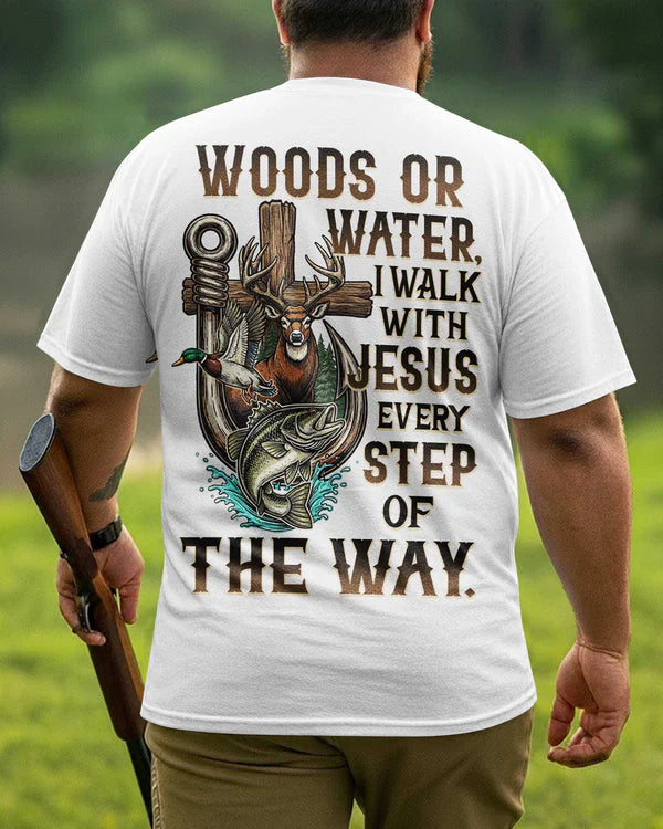 Blisscorners Woods Or Water I Walk With Jesus Shirt, Personalized Hunting 3D Shirt - White