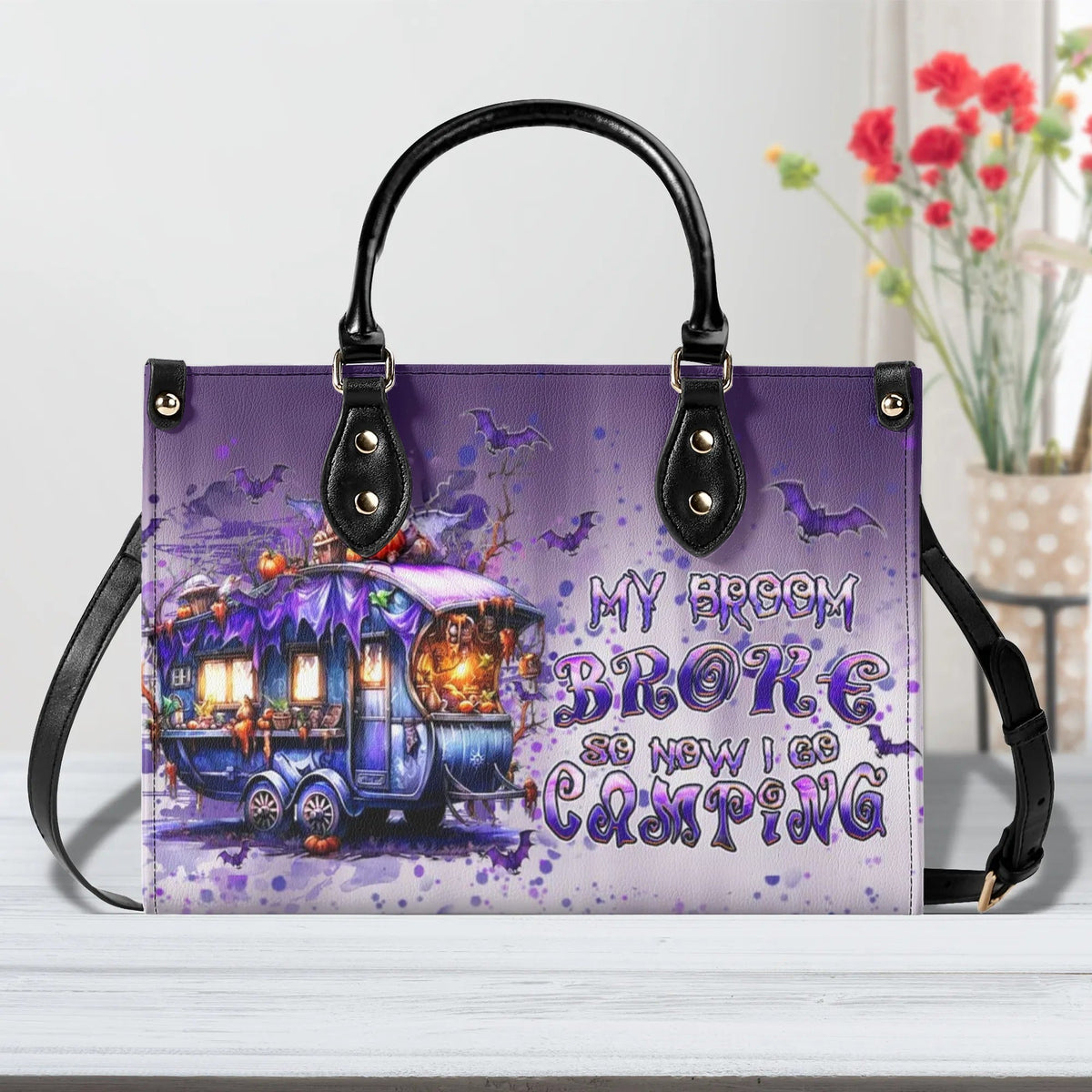 BLISSCORNERS MY BROOM BROKE CAMPING HALLOWEEN LEATHER HANDBAG