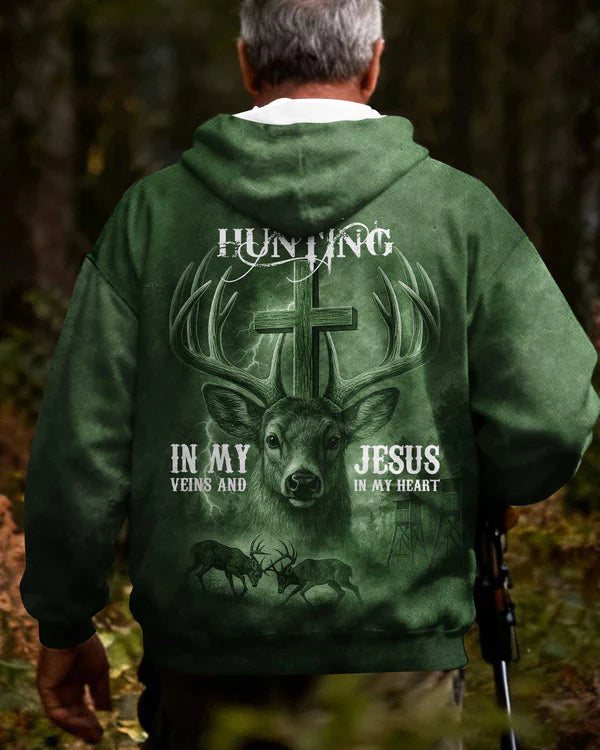 Blisscorners I've Got Hunting In My Veins And Jesus In My Heart Green Shirt, Personalized Hunting 3D Shirt