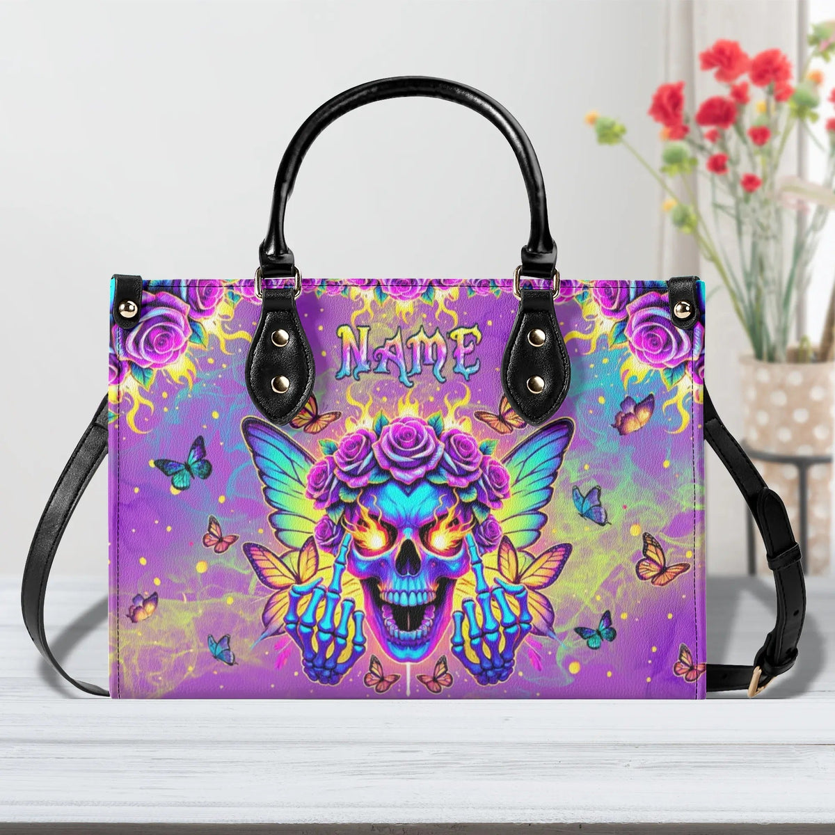 BLISSCORNERS SKULL BUTTERFLY ART LEATHER HANDBAG