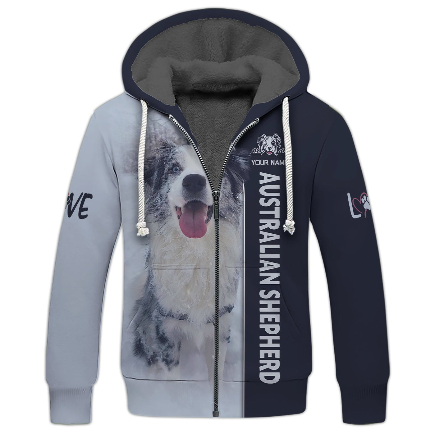 Blisscorners Australian Shepherd Custom Name 3D Zipper Hoodie Gift For Dog Lovers