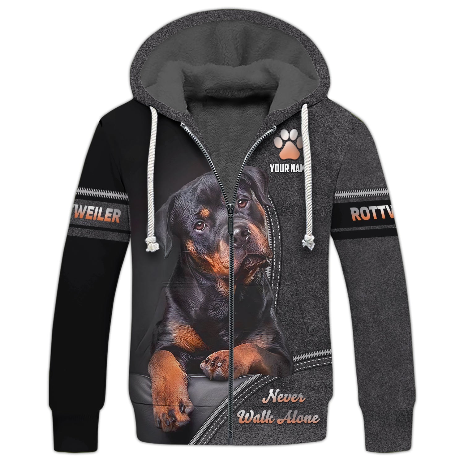 Blisscorners Rottweiler Custom Name Zipper Hoodie Never Walk Alone Gift For Dog Lover 3D Shirts