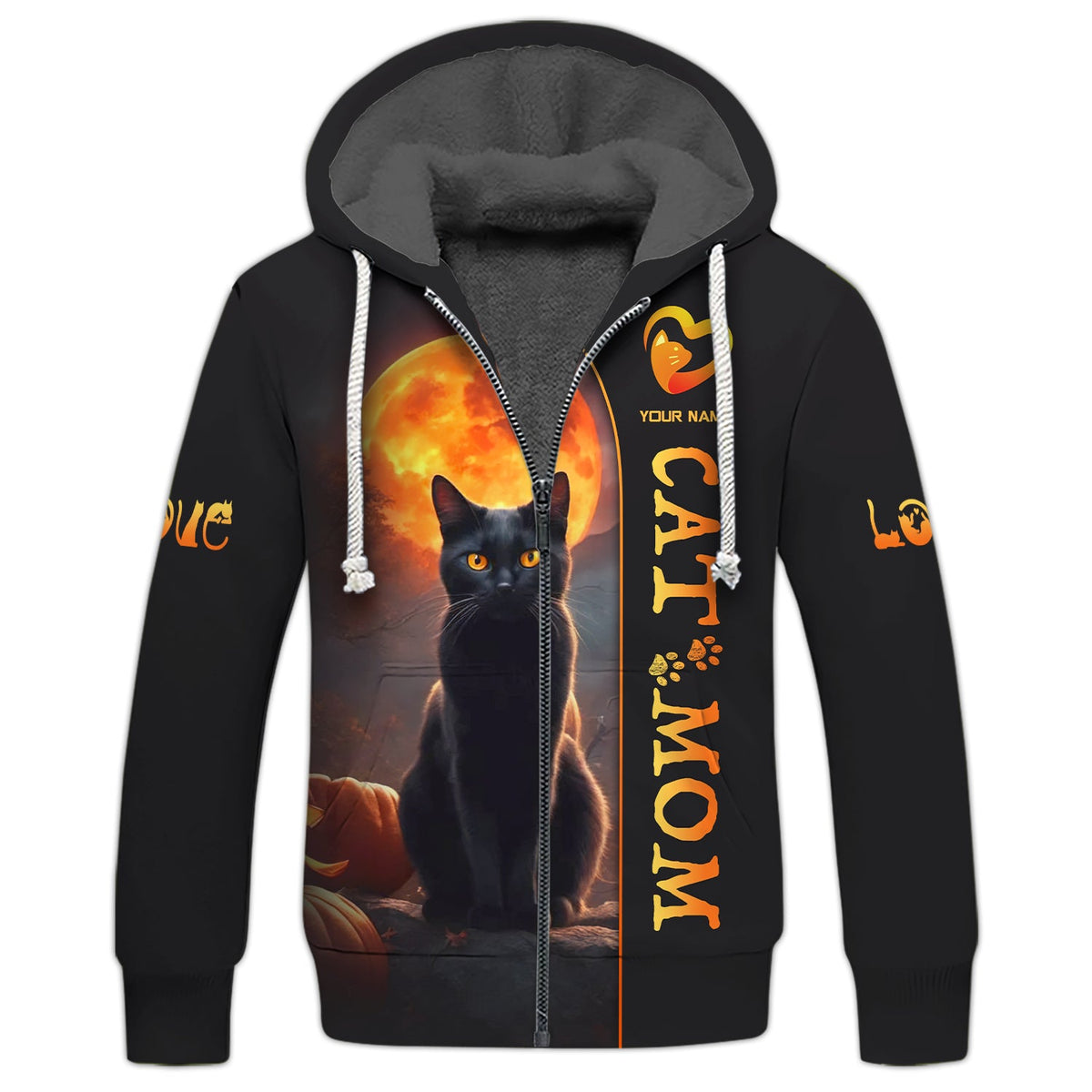 Blisscorners Black Cat With Moon Custom Name Cat Mom 3D Zipper Hoodie Gift For Cat Lovers