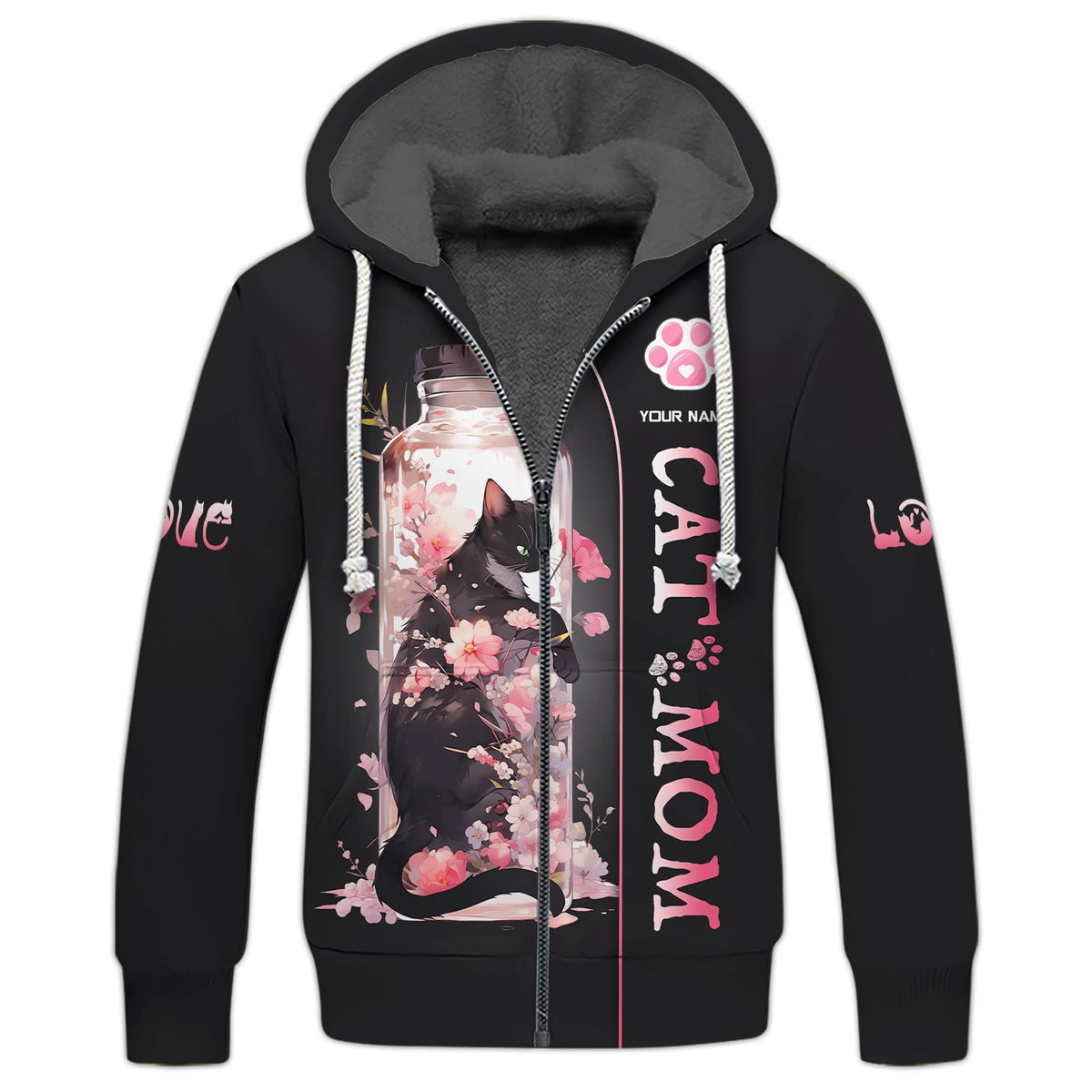 Blisscorners Black Cat In Cherry Blossom Jar Custom Name Cat Mom 3D Zipper Hoodie Gift For Cat Lovers