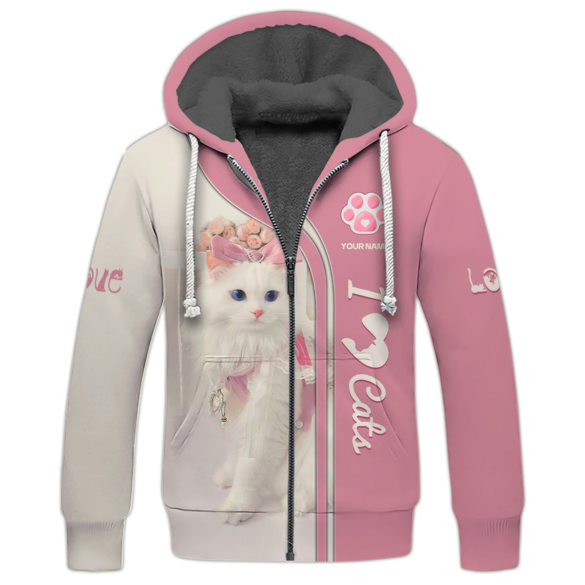 Blisscorners 3D Full Print Cute Cat Zipper Hoodie Personalized Name Gift For Cats Lovers