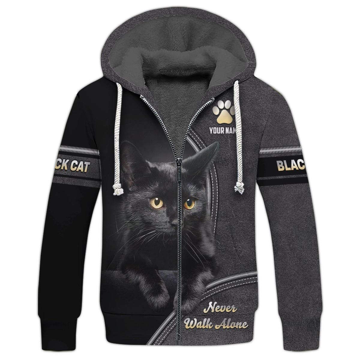 Blisscorners Custom Black Cat T-Shirt Never Walk Alone  Personalized Name Gift For Cat Lovers
