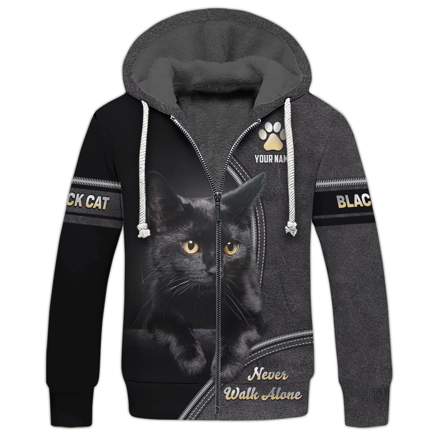 Blisscorners Custom Black Cat T-Shirt Never Walk Alone  Personalized Name Gift For Cat Lovers