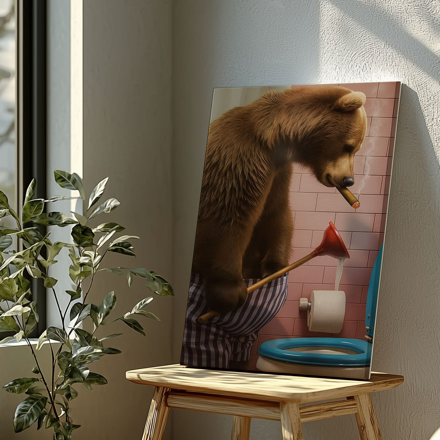 Blisscorners Cigar Bear Plunger Canvas Hilarious Bathroom Wall Art LM2611