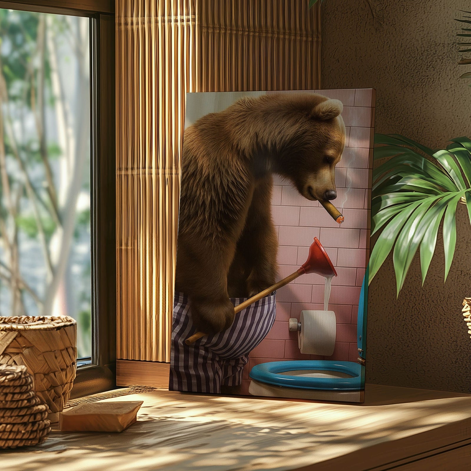 Blisscorners Cigar Bear Plunger Canvas Hilarious Bathroom Wall Art LM2611