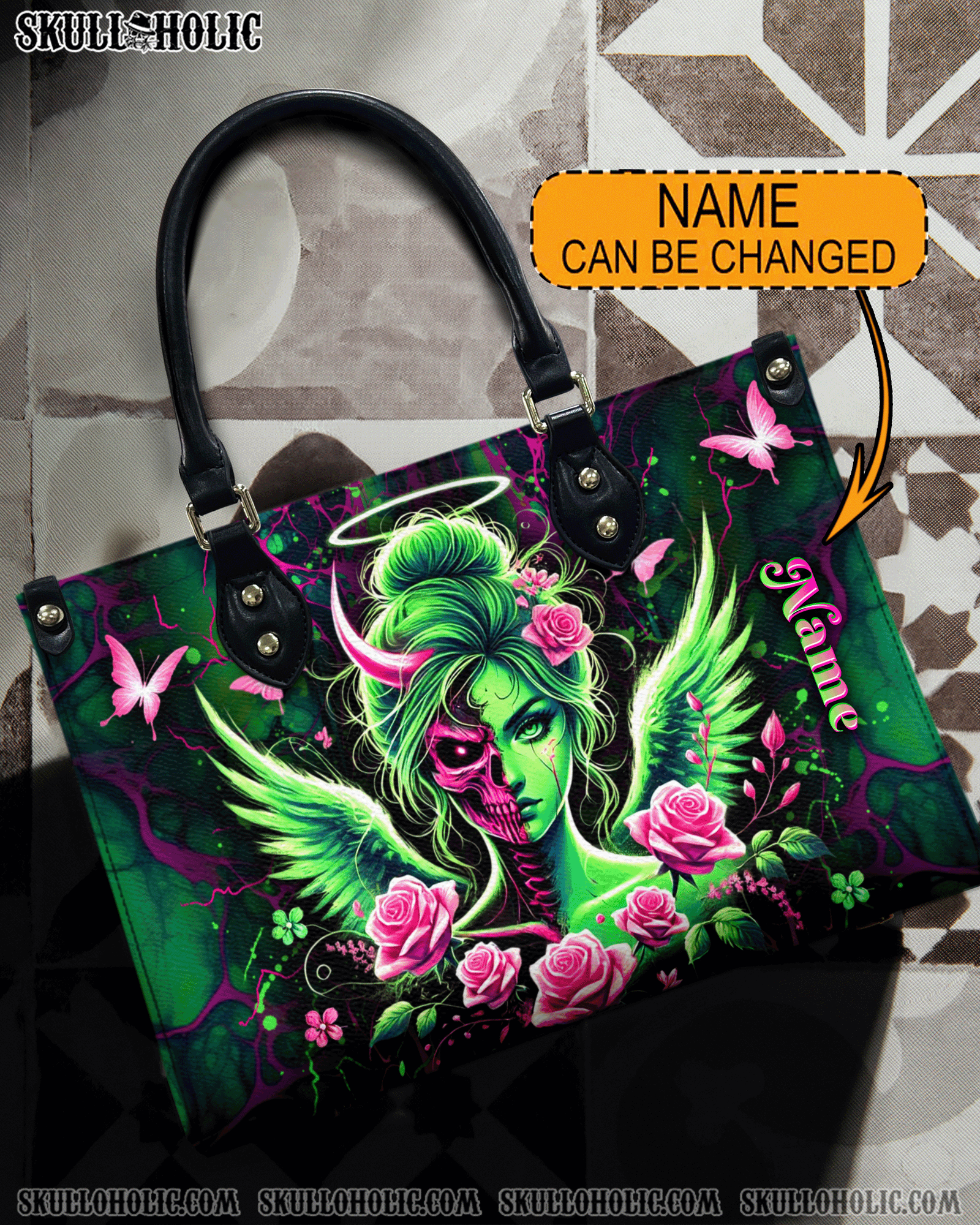 BLISSCORNERS SKULL LADY EVIL ROSE LEATHER HANDBAG