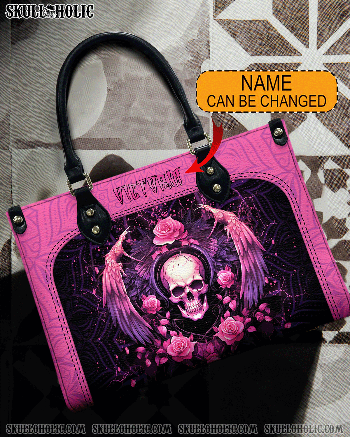 BLISSCORNERS PINK SKULL WINGS ROSE LEATHER HANDBAG