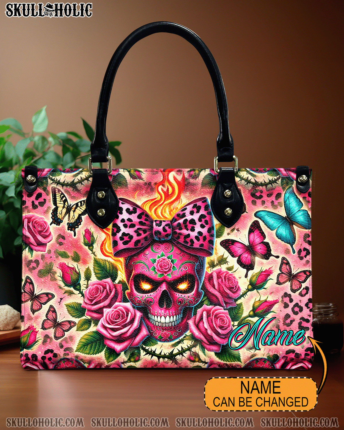 BLISSCORNERS SUGAR SKULL ROSE LEOPARD LEATHER HANDBAG
