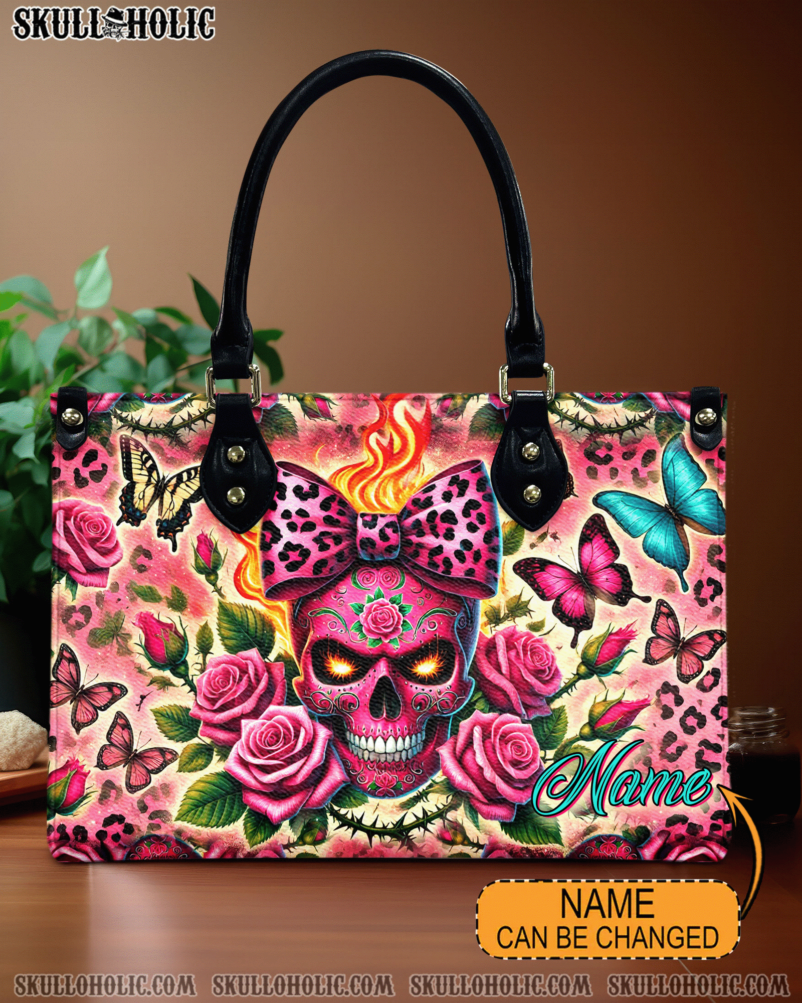 BLISSCORNERS SUGAR SKULL ROSE LEOPARD LEATHER HANDBAG