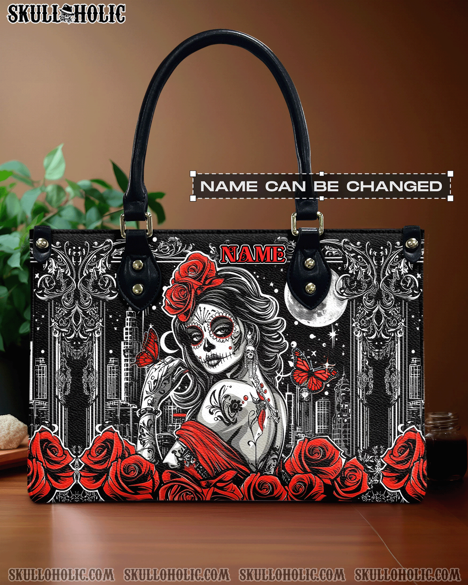 BLISSCORNERS SKULL LADY RED ROSE LEATHER HANDBAG
