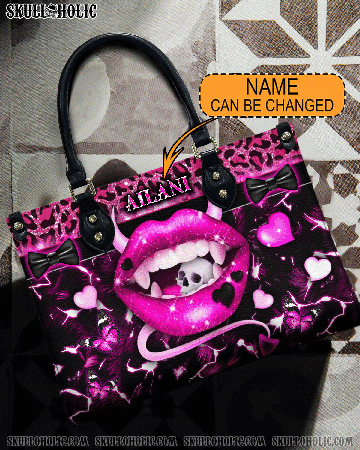 BLISSCORNERS PINK EVIL LIPS LEATHER HANDBAG