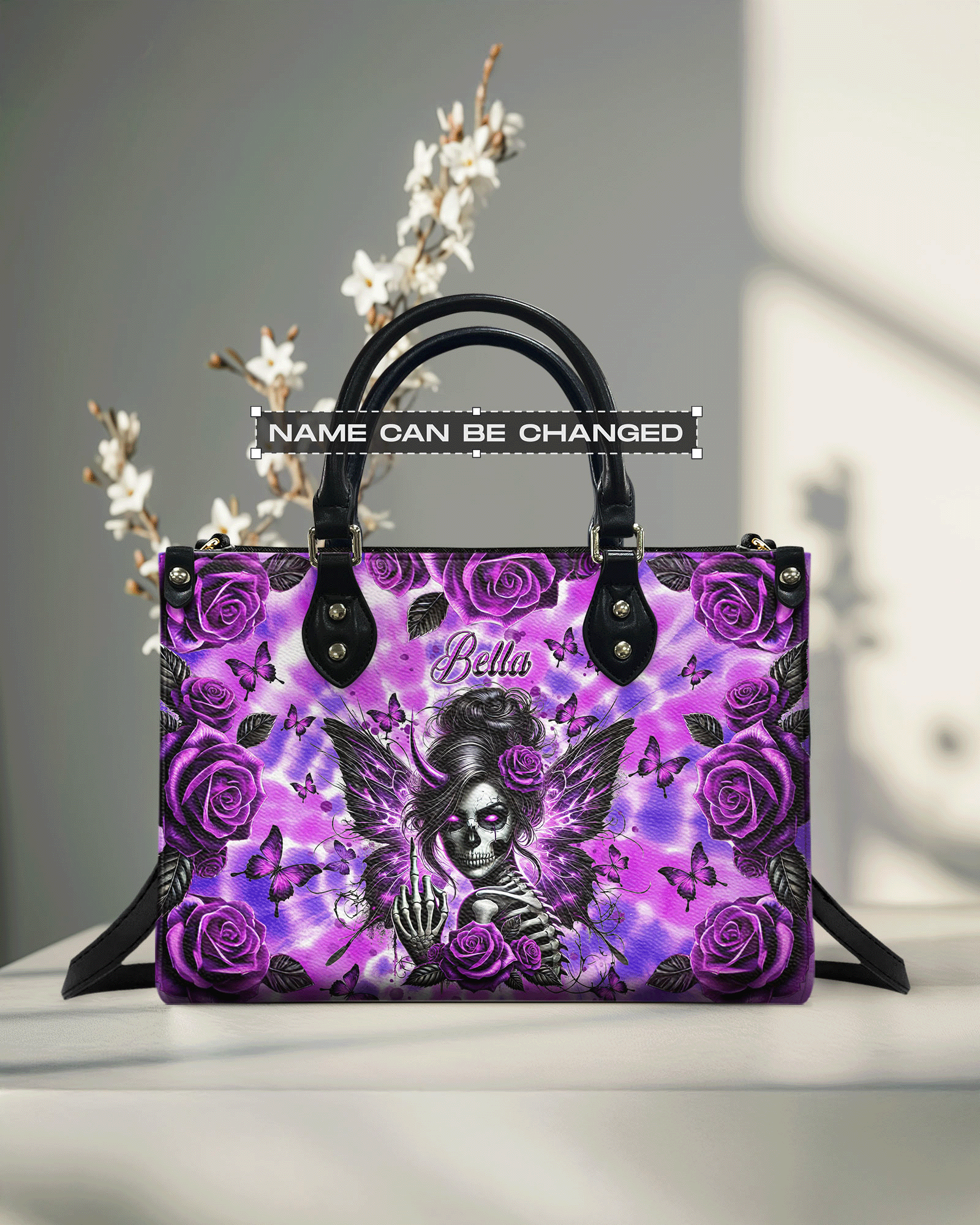 BLISSCORNERS SKULL MESSY BUN WITH BUTTERFLY LEATHER HANDBAG