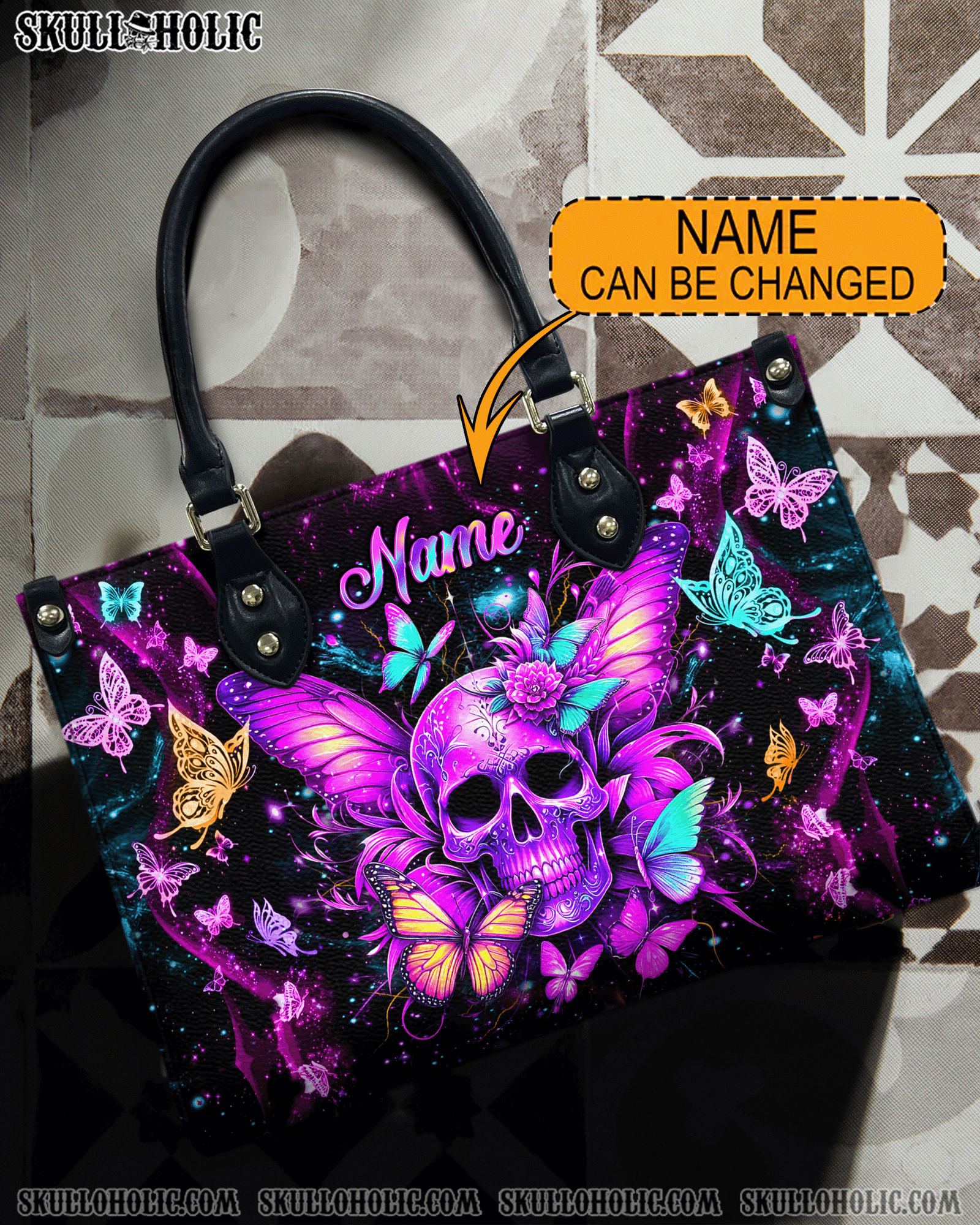 BLISSCORNERS SKULL BUTTERFLIES LEATHER HANDBAG