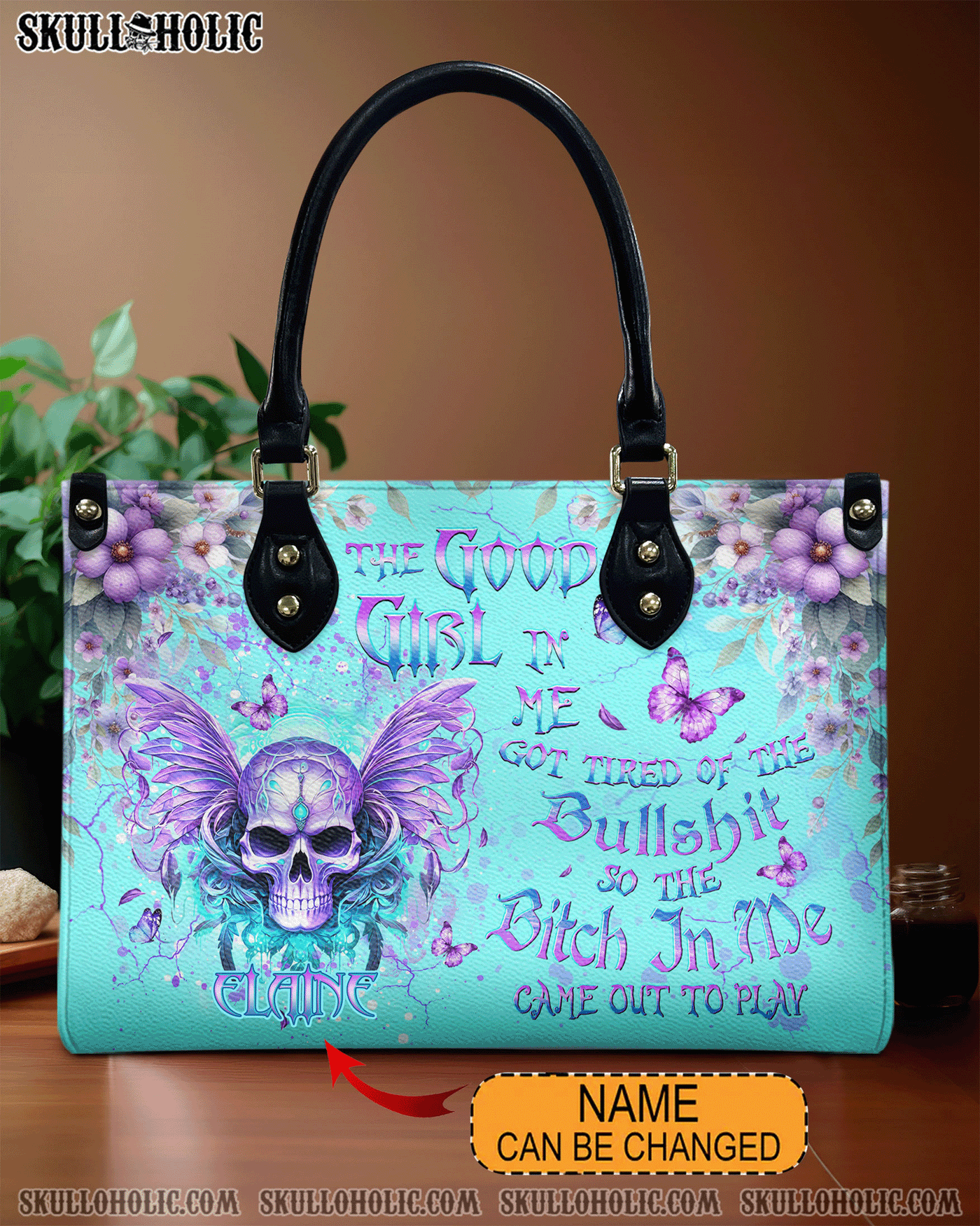 BLISSCORNERS THE GOOD GIRL IN ME SKULL WINGS LEATHER HANDBAG