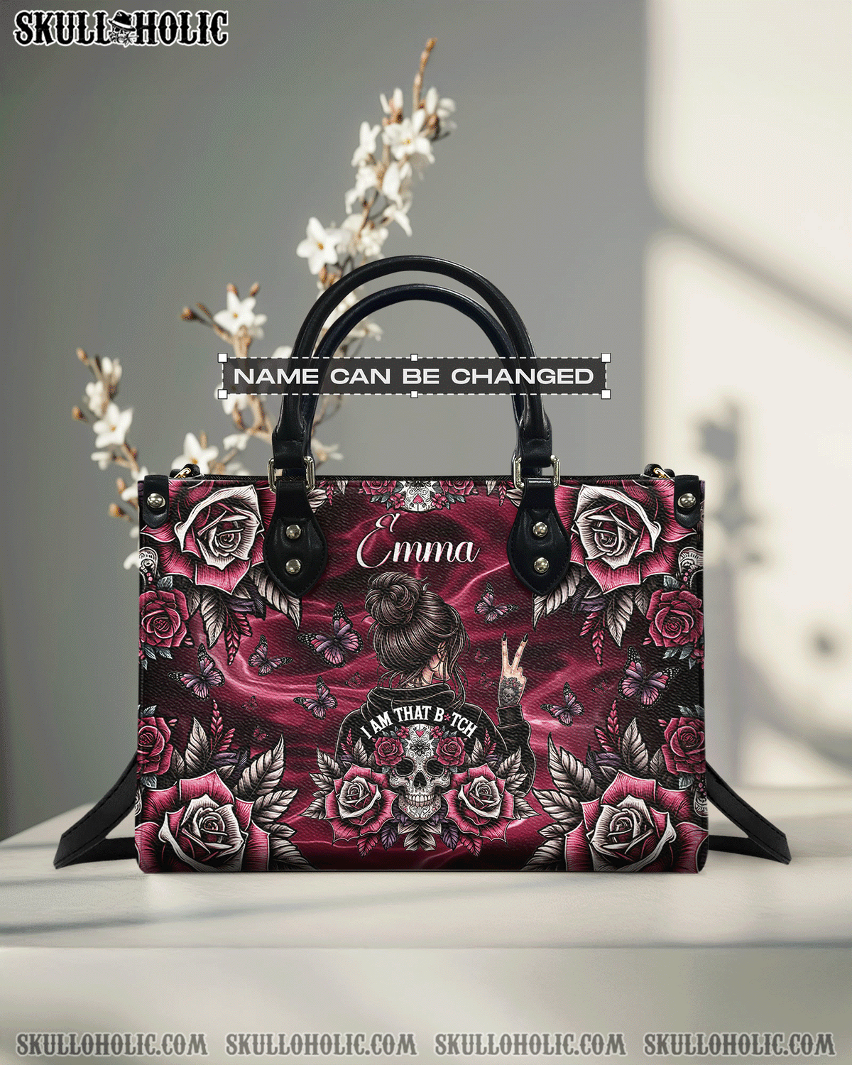 BLISSCORNERS PERSONALIZED I AM THAT B MESSY BUN SKULL LEATHER HANDBAG