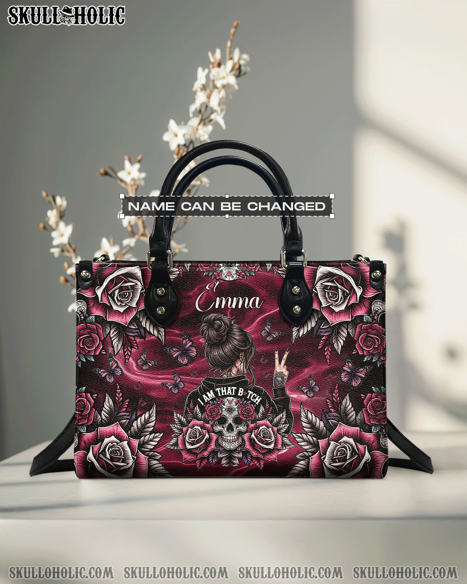 BLISSCORNERS PERSONALIZED I AM THAT B MESSY BUN SKULL LEATHER HANDBAG