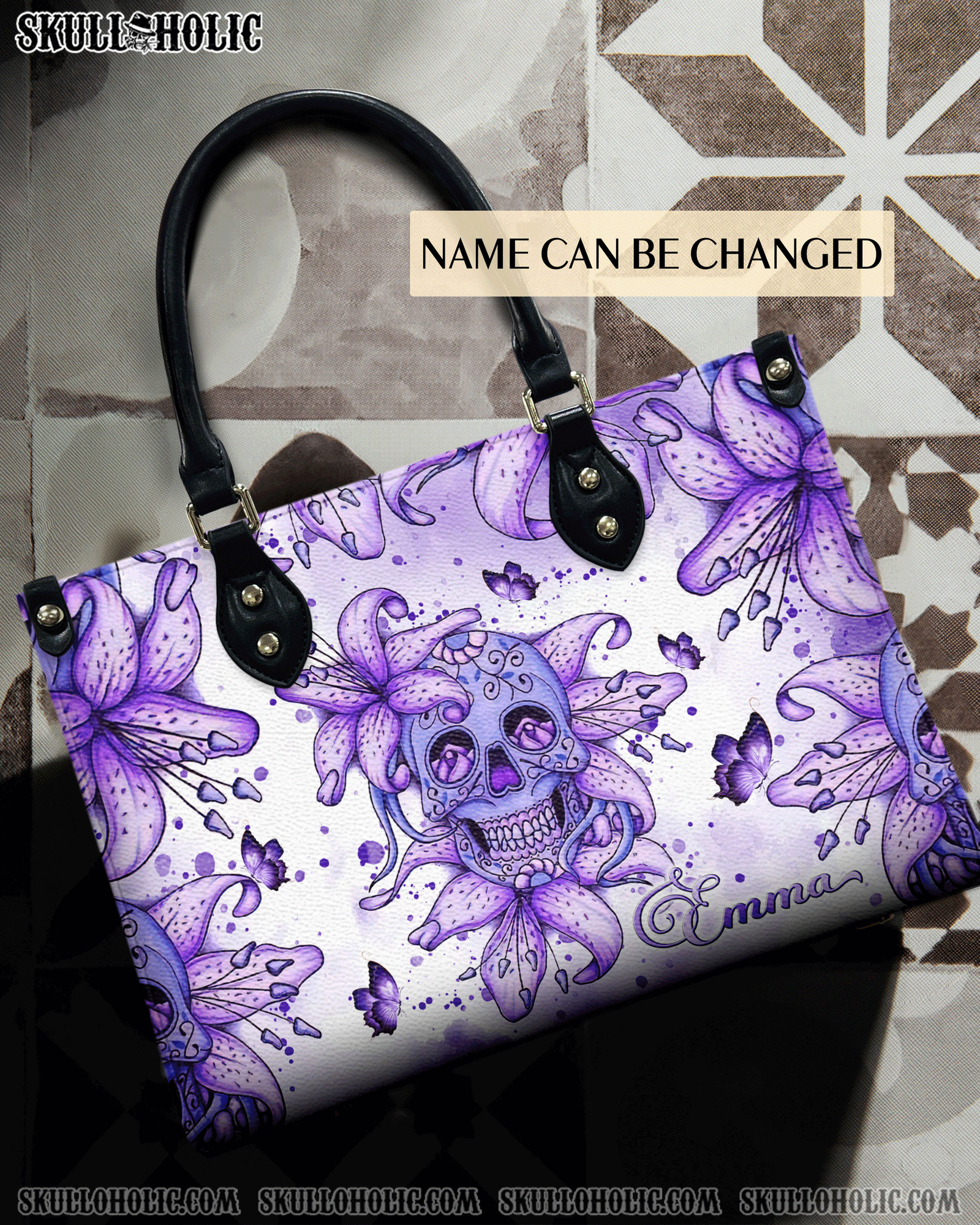 BLISSCORNERS SKULL LILY PURPLE LEATHER HANDBAG