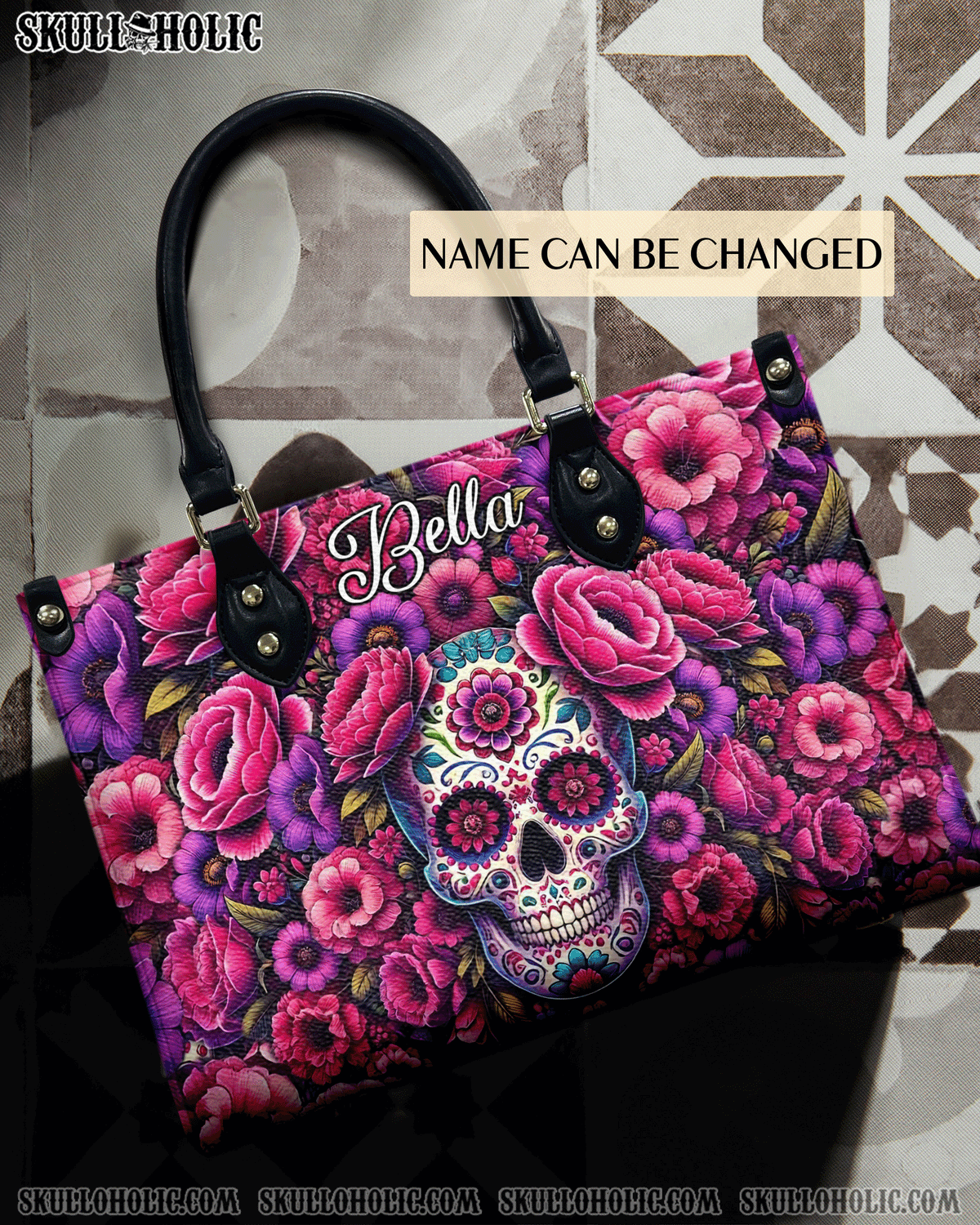 BLISSCORNERS SUGAR SKULL FLOWER ART LEATHER HANDBAG