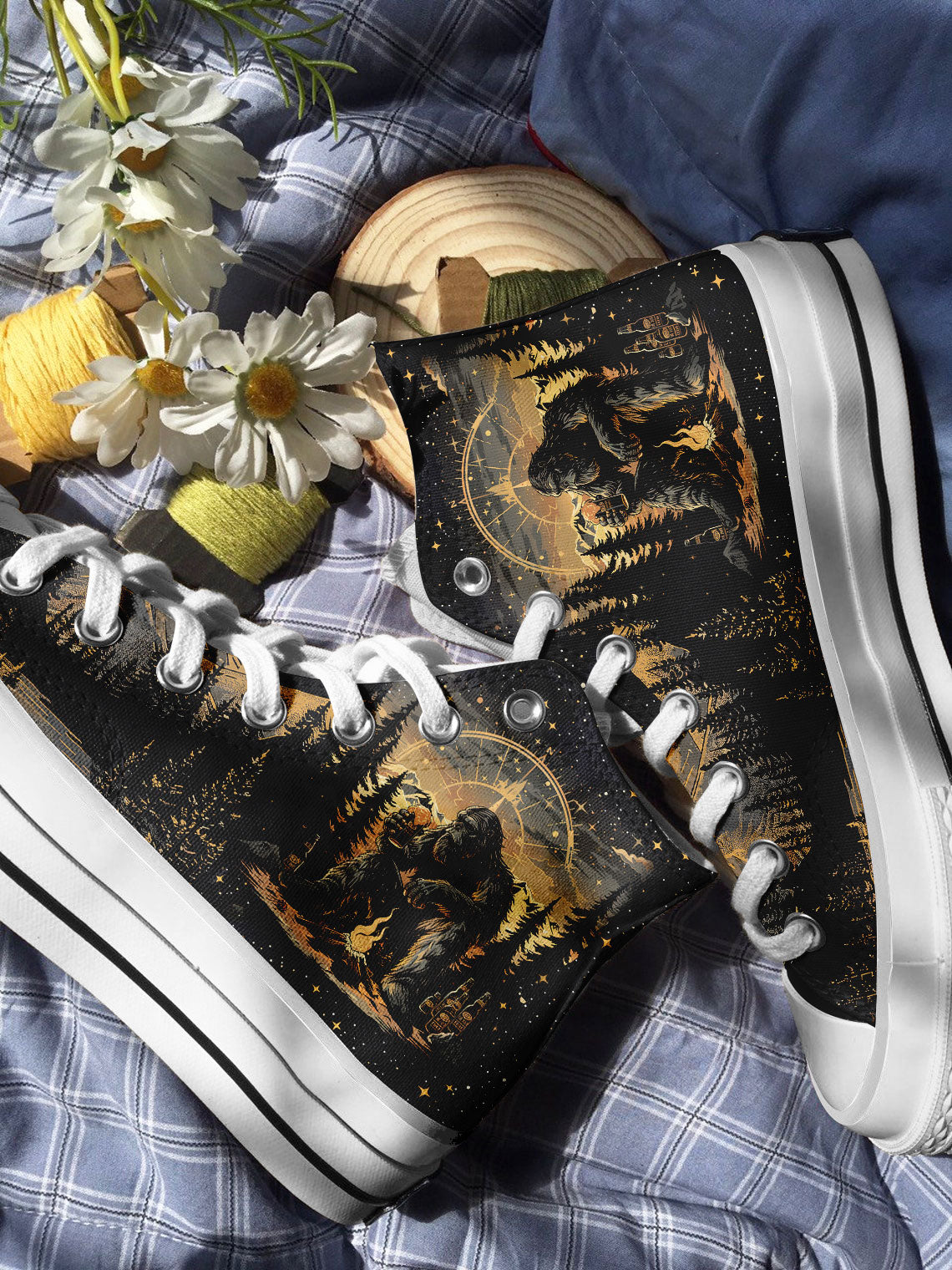 BLISSCORNERS NOT ALL WHO WANDER ARE LOST BIGFOOT COMPASS HIGH TOP CANVAS SHOES
