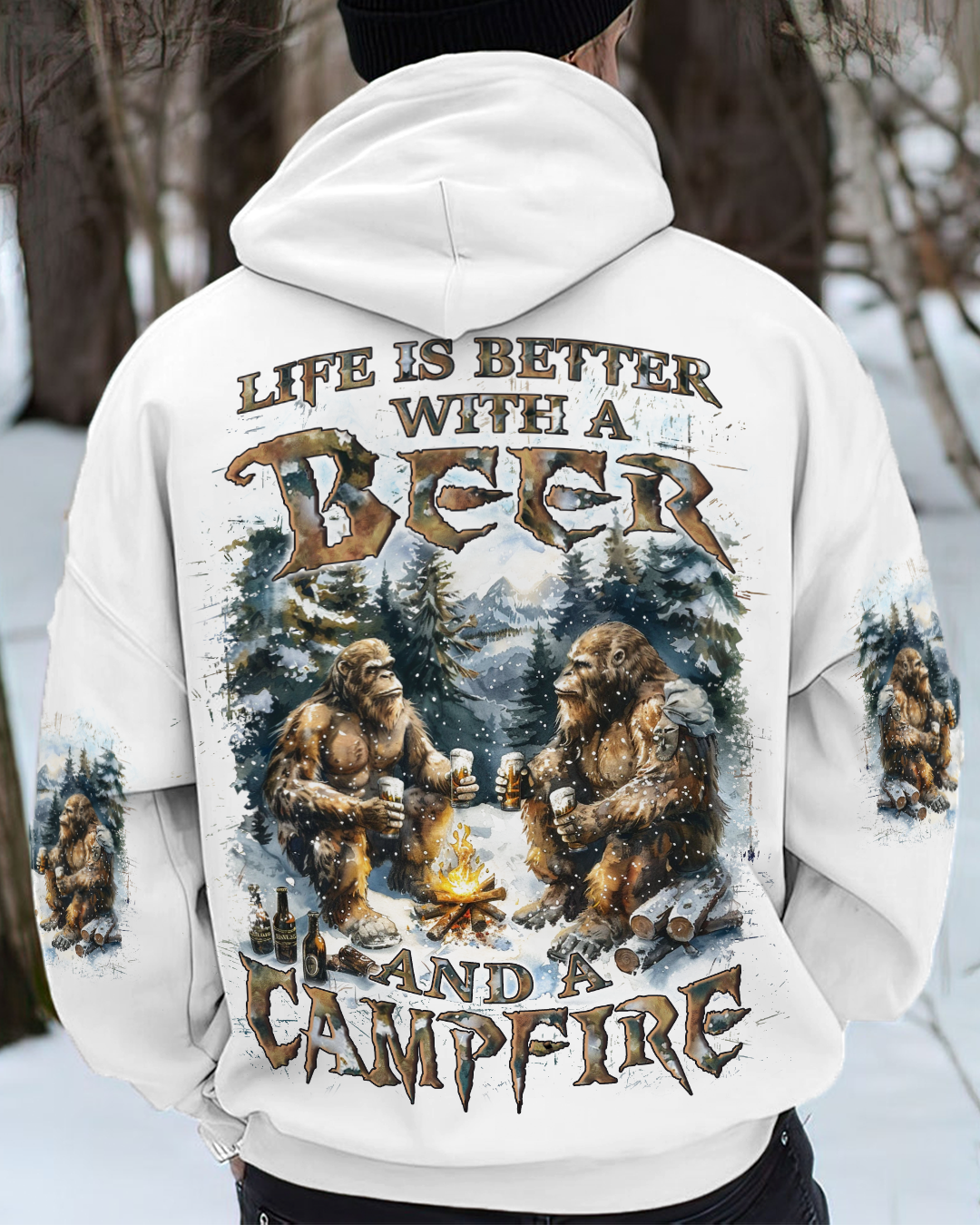 BLISSCORNERS LIFE IS BETTER WITH A BEER AND A CAMPFIRE BIGFOOT ALL OVER PRINT