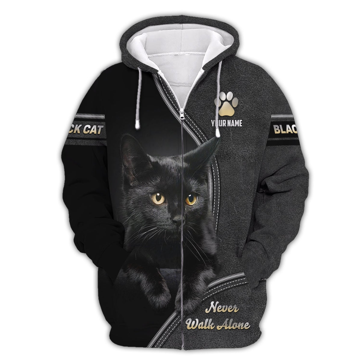 Blisscorners Custom Black Cat T-Shirt Never Walk Alone  Personalized Name Gift For Cat Lovers
